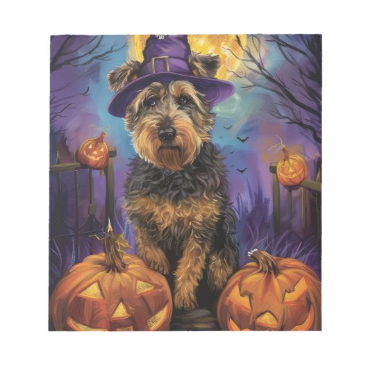 Bloc-note Chien terrier de l'Airedale Halloween sorcière et (Devant)
