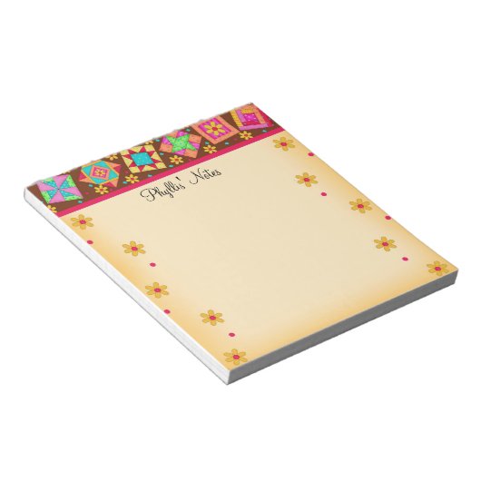 Bloc-note Chocolat Brown Jaune Patchwork Quilt Blocks Art (Incliné)