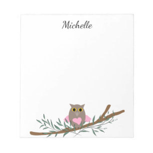 Bloc-note Chouette Coeur Rose Cute Sur Branche Nom Personnal