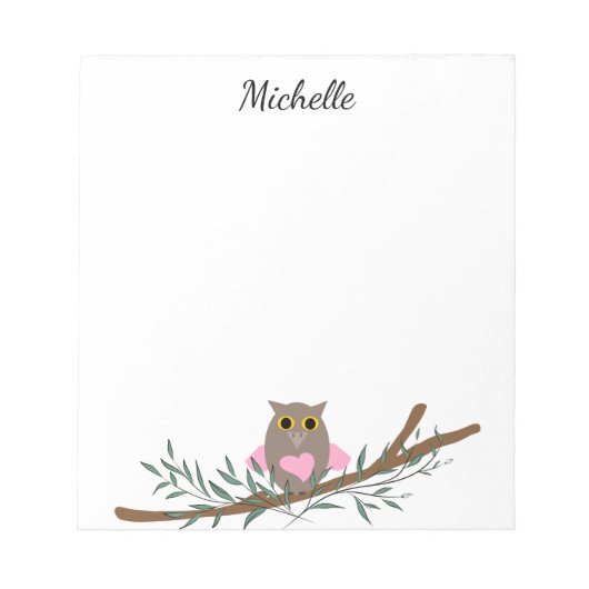 Bloc-note Chouette Coeur Rose Cute Sur Branche Nom Personnal (Devant)