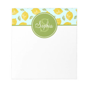 Bloc-note Citron Motif jaune vert et bleu Monogramme
