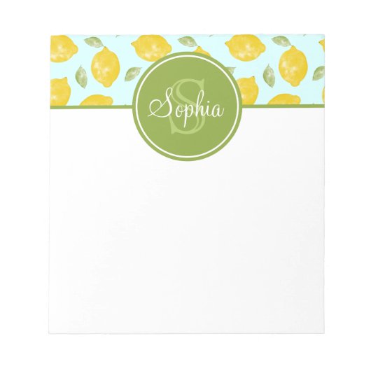 Bloc-note Citron Motif jaune vert et bleu Monogramme (Devant)