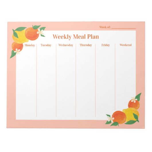 Bloc-note Citrus Lemon Orange Weekly Meal Plan Notepad (Devant)