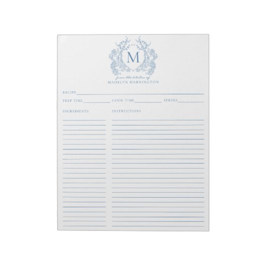 Bloc-note Classique Français Bleu Cimier Floral Monogramme R (Tourné)