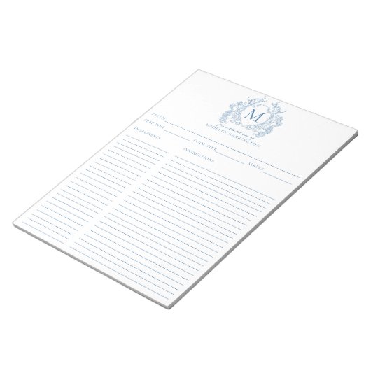 Bloc-note Classique Français Bleu Cimier Floral Monogramme R (Incliné)