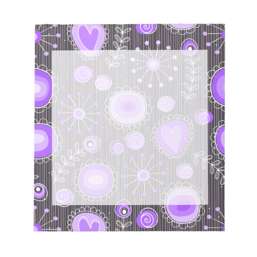 Bloc-note Coeurs gris violet blanc et fleurs florales (Devant)