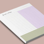 Bloc-note Cool Personnalisé Nom Moderne Khaki Purple Pastel<br><div class="desc">Ce bloc-notes cool, moderne, de nom personnalisé, est doté d'un arrière - plan de couleur tricolore doublé en blanc, kaki et violet pastel. Il existe un espace de date et une option de personnalisation de nom personnalisé. Chaque bloc de couleurs aide à hiérarchiser et à organiser les notes. L'espace vert...</div>