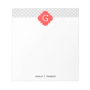 Bloc-note Corail pois blancs gris Quatrefeuille Monogramme