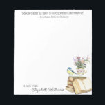 Bloc-note Coupe de thé à l'aquarelle florale classique<br><div class="desc">Texte personnalisable pour la papeterie personnalisée avec Jane Austen amant du livre Citation,  Aquarelle classique et romantique des fleurs sauvages dans une tasse d'thé sur une pile de livres avec un oiseau chiche.</div>