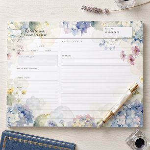 Bloc-note Critique de livre floral aquarelle Hydrangea bleue