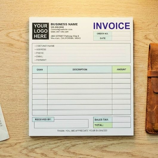 Bloc-note Custom Business Sales Invoice Forms, Company Logo