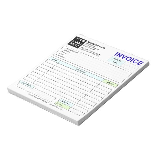Bloc-note Custom Business Sales Invoice Forms, Company Logo (Tourné)