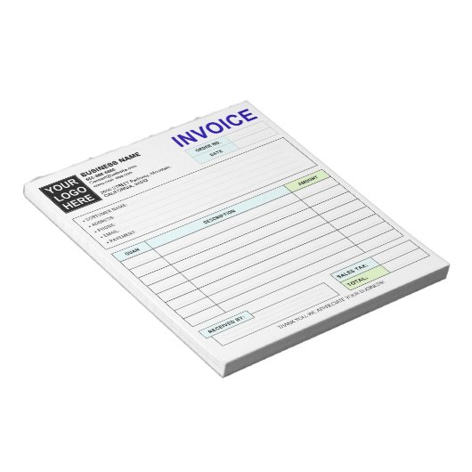 Bloc-note Custom Duplicate Sales Invoice Forms, Company Logo (Incliné)