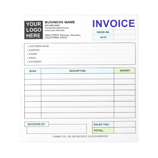 Bloc-note Custom Duplicate Sales Invoice Forms, Company Logo (Devant)