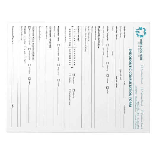 Bloc-note Custom Endodontic Consultation Form (Devant)