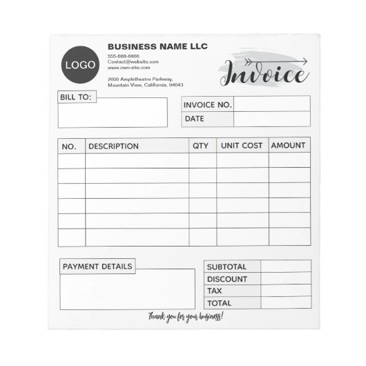 Bloc-note Custom invoice Form with Logo, Gray Small Business (Devant)