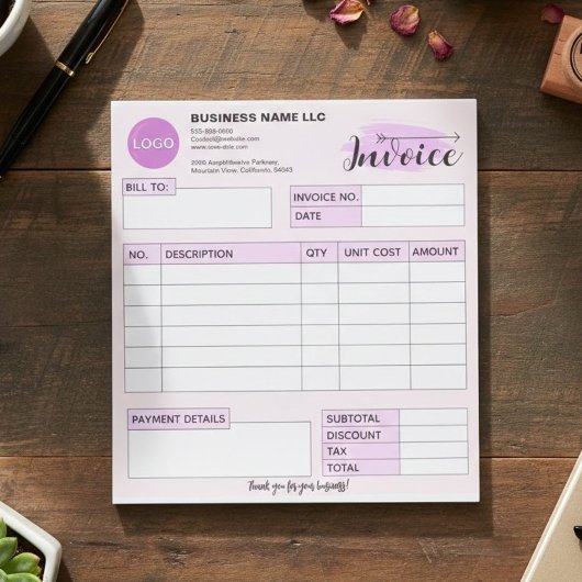 Bloc-note Custom invoice Form with Logo, Pink Small Business