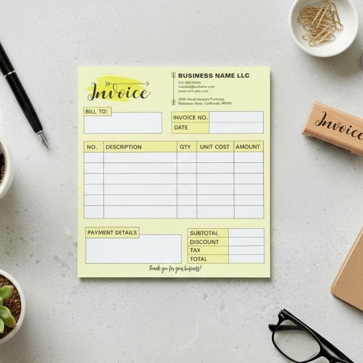 Bloc-note Custom Invoice Receipt, Yellow Small Business Name