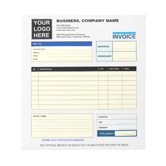 Bloc-note Custom Logo Business Invoice Order Form  (Devant)