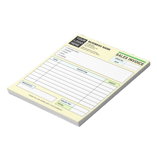 Bloc-note Custom Logo, Sales Invoice Receipt Small Business  (Tourné)