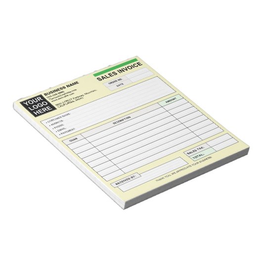 Bloc-note Custom Sales Invoice Receipt Logo, Carbonless Form (Incliné)