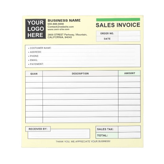 Bloc-note Custom Sales Invoice Receipt Logo, Carbonless Form (Devant)