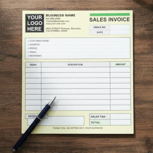 Bloc-note Custom Sales Invoice Receipt Logo, Carbonless Form