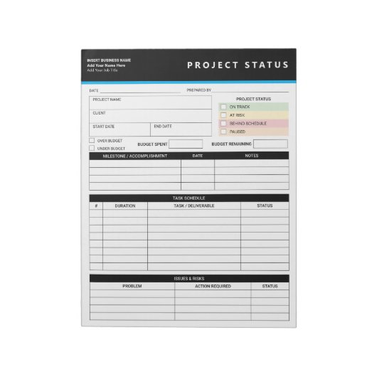 Bloc-note Customized Project Status Report Template Notepad (Tourné)