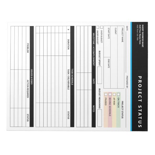 Bloc-note Customized Project Status Report Template Notepad (Devant)
