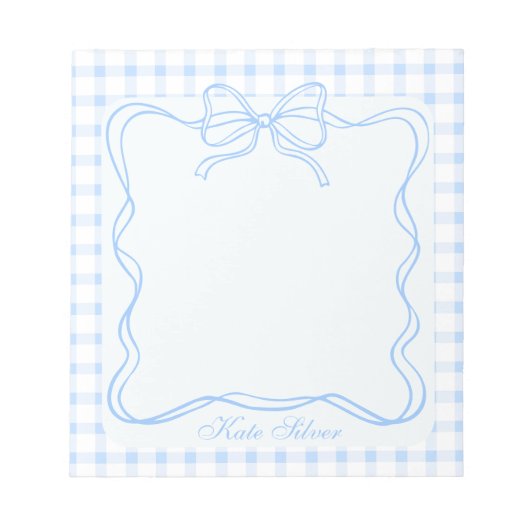 Bloc-note Cute Blue Coquette Bow Gingham Personalized Name (Devant)