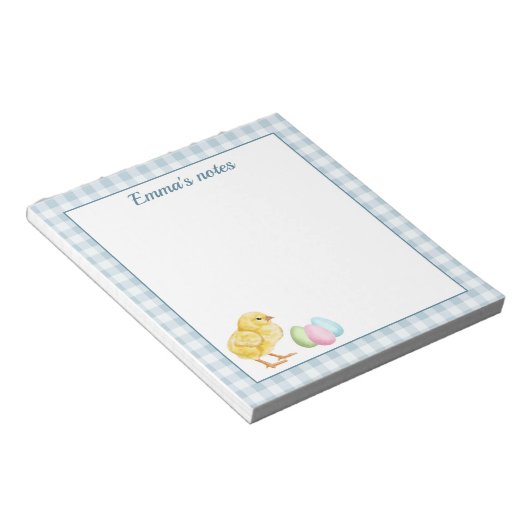Bloc-note Cute Chick And Pastel Eggs On Blue Gingham Easter (Incliné)