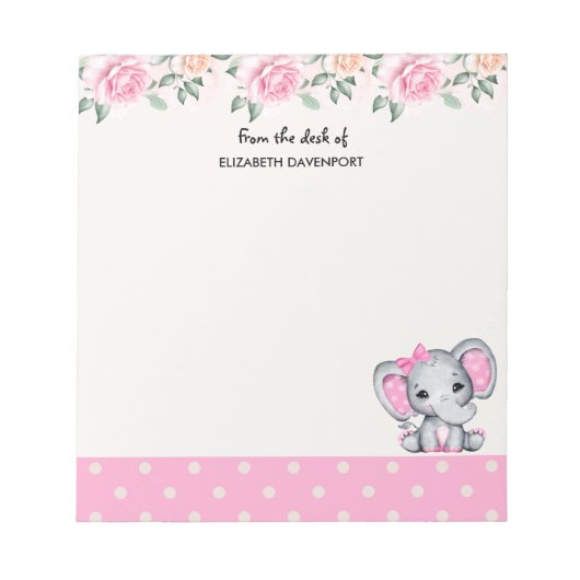 Bloc-note Cute Pink Baby Elephant and Roses Border (Devant)