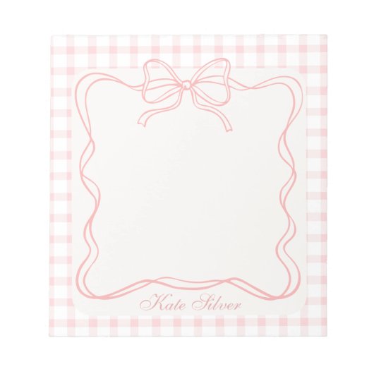 Bloc-note Cute Pink Coquette Bow Gingham Personalized Name (Devant)