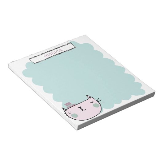 Bloc-note Cute Whimsical Chat Pastel Turquoise Lilac Nom per (Incliné)