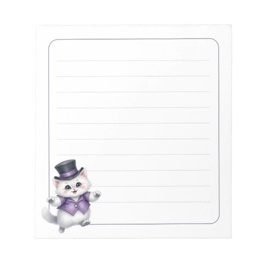 Bloc-note Cute White Cat Top Hat Whimsical Lined (Devant)