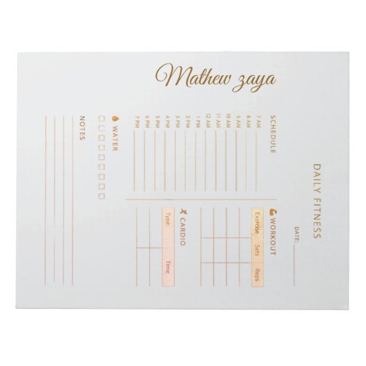 Bloc-note Daily Fitness planner wright grey background gold  (Devant)