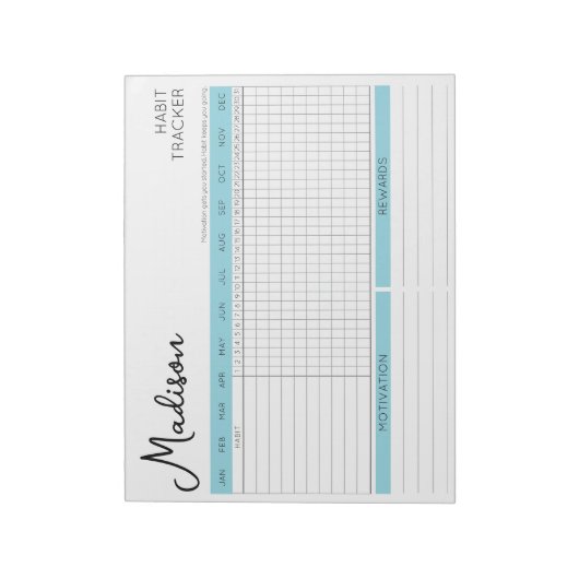 Bloc-note Daily Habit Tracker Motivational Blue Script Name (Tourné)