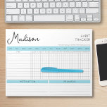 Bloc-note Daily Habit Tracker Motivational Blue Script Name<br><div class="desc">Créez une liste d'habitudes pour construire de bonnes habitudes et un mode de vie sain avec ce tracker d'habitudes personnalisées. Personnalisez avec le nom et votre propre citation en bas, ou gardez la citation motivationnelle actuellement là. Comment ça marche ? Faites le tour du mois de votre suivi, écrivez les...</div>