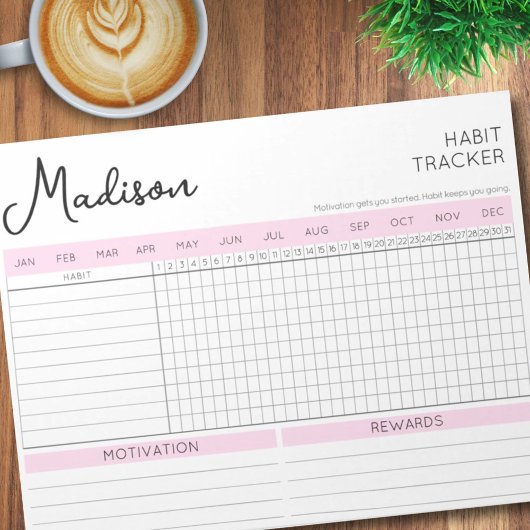 Bloc-note Daily Habit Tracker Pink Motivational Script Nom