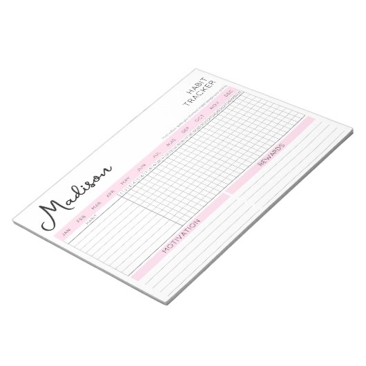 Bloc-note Daily Habit Tracker Pink Motivational Script Nom (Incliné)