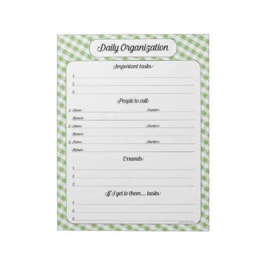 Bloc-note Daily Organization - Green Gingham Notepad (Tourné)