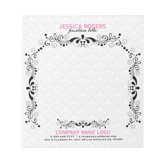 Bloc-note Damas Blanches Avec Cadre De Dentelle Florale Noir (Devant)