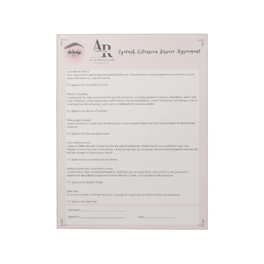 Bloc-note Décharge de responsabilité pour extension de cils (Tourné)