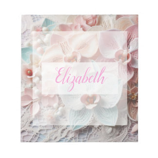 Bloc-note Dentelle monogramme fleurs florales rose pastel or