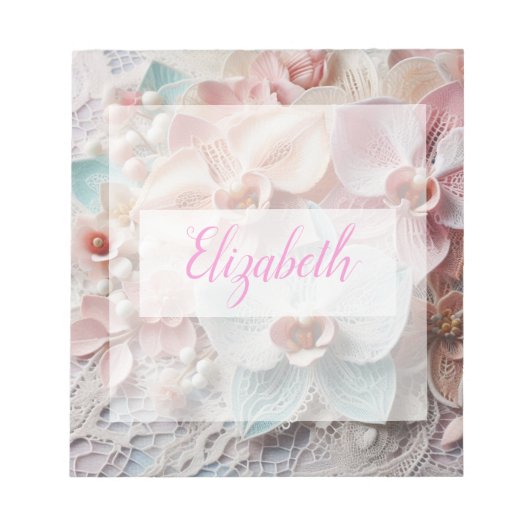 Bloc-note Dentelle monogramme fleurs florales rose pastel or (Devant)