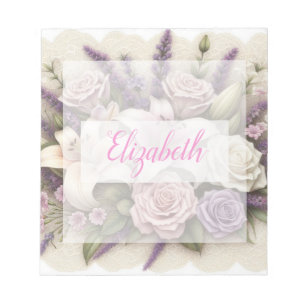 Bloc-note Dentelle monogramme floral roses violettes lavande