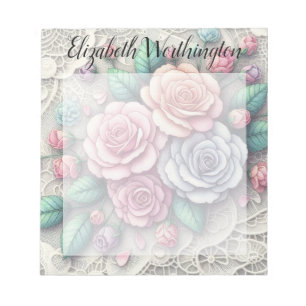 Bloc-note Dentelle monogramme florale roses roses bleues vio