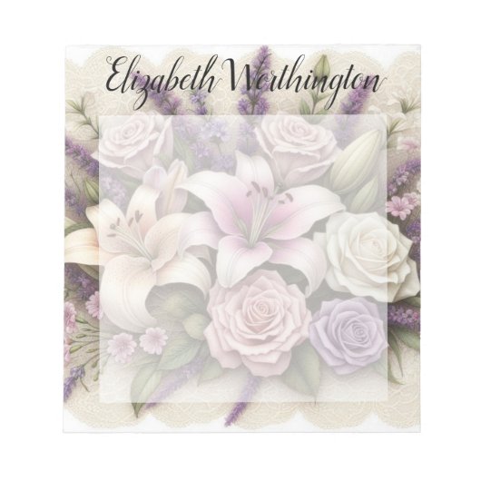 Bloc-note Dentelle monogramme florale roses violettes lis la (Devant)