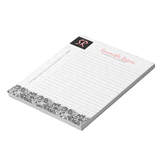 Bloc-note Dentelles florales noires et Damas blanches monogr (Tourné)