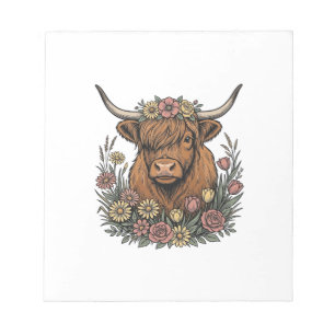Bloc-note Dessin de gravure vintage de vache highland floral